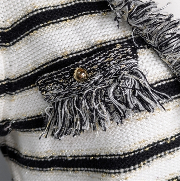 Vintage Cache Black White Striped Gold Long Sleeve Fringe Cardigan Sweater M - Picture 3 of 9